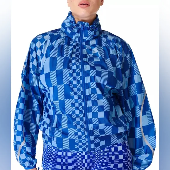 Sweaty Betty Blue Checkered Graphic Pack Away Jacket Women's Size Medium NWT - Picture 1 of 15